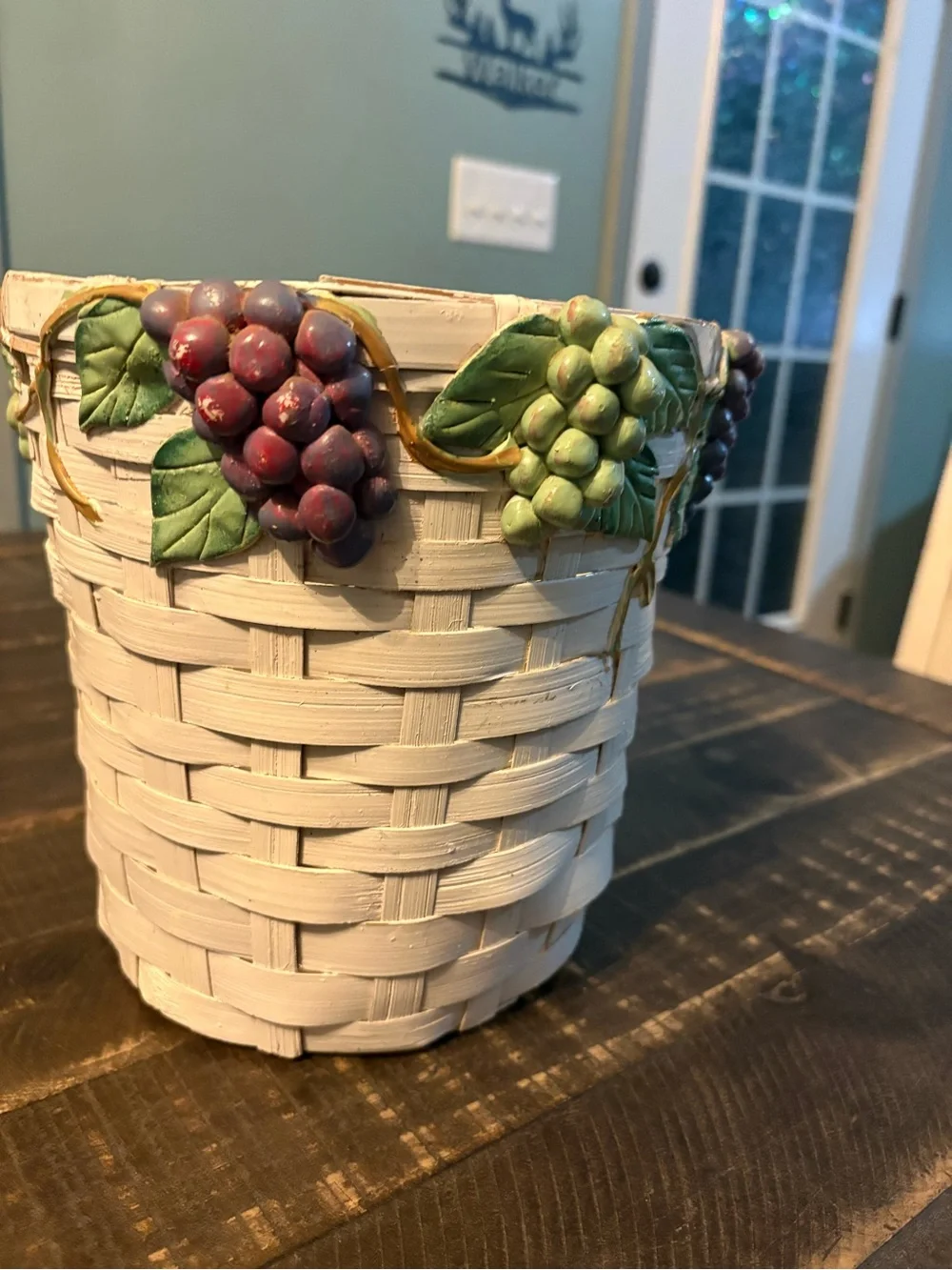 Decorative White Woven Basket Vines With Purple & Green Grape Accents Italian